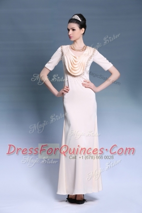 Scoop Champagne Zipper Prom Gown Beading and Ruching Short Sleeves Floor Length