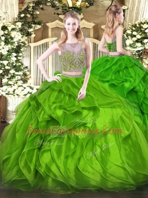 Scoop Sleeveless Vestidos de Quinceanera Floor Length Beading and Ruffles Green Organza