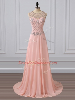 Dynamic Peach Side Zipper Scoop Beading Prom Evening Gown Chiffon Sleeveless Brush Train