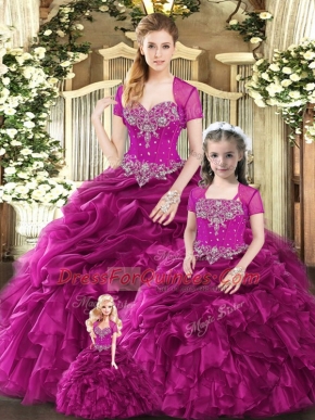 Dramatic Organza Sweetheart Sleeveless Lace Up Beading and Ruffles and Pick Ups Quinceanera Gowns in Fuchsia