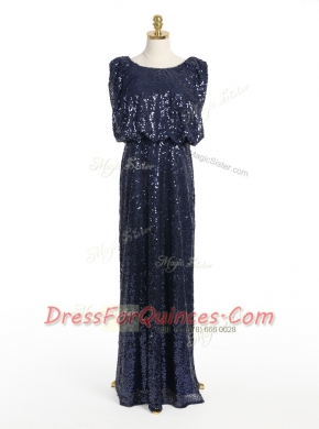 Custom Design Navy Blue A-line Scoop Sleeveless Sequined Floor Length Zipper Sequins Prom Dresses