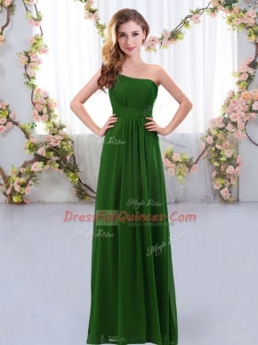 Dark Green Chiffon Zipper One Shoulder Sleeveless Floor Length Dama Dress Ruching