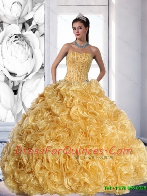 Wholesale Strapless Gold 2015 Quinceanera Dress with Beading and Rolling Flowers