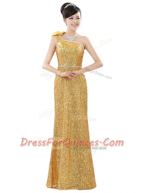 Fitting Gold One Shoulder Zipper Beading and Sequins Prom Dress Sleeveless