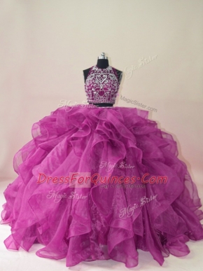 Fuchsia Ball Gowns Organza Scoop Sleeveless Beading and Ruffles Backless Quinceanera Gown Brush Train