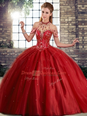 Beading Ball Gown Prom Dress Wine Red Lace Up Sleeveless Brush Train