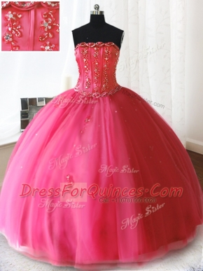 Hot Pink Tulle Lace Up Strapless Sleeveless Floor Length Sweet 16 Dresses Beading and Appliques