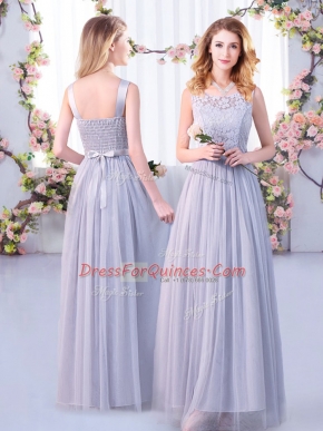 Grey Sleeveless Floor Length Lace and Belt Side Zipper Dama Dress for Quinceanera