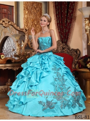Aqua Blue Appliques and Ruffles Ball Gown Strapless Best Quinceanera Dresses