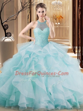Light Blue Ball Gowns Embroidery and Ruffles Sweet 16 Quinceanera Dress Lace Up Organza Sleeveless