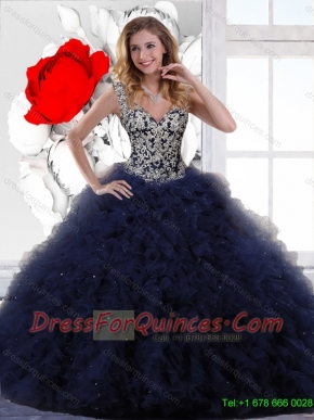 2016 New Style Appliques and Ruffles Quinceanera Dresses in Navy Blue