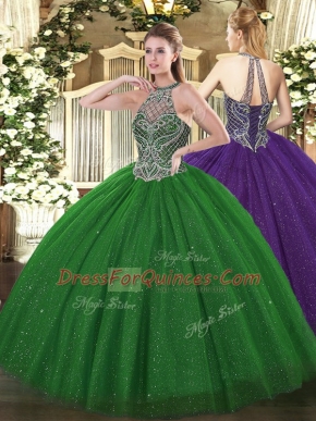 Dramatic Halter Top Sleeveless Tulle Sweet 16 Dresses Beading Lace Up