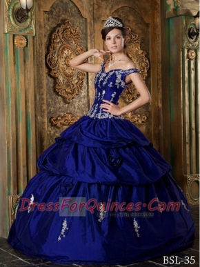 Royal Blue Off The Shoulder Taffeta Appliques and Ruching Ball Gown Dress with Pick Ups