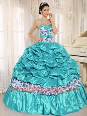 Beaded and Pick-ups For Aqua Blue Pretty Quinceanera Dresses Taffeta and Printing