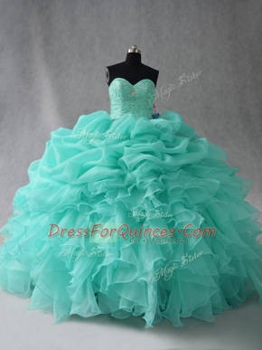 Customized Aqua Blue Organza Lace Up Sweetheart Sleeveless Floor Length Quince Ball Gowns Beading and Ruffles and Pick Ups
