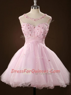 Modest Scoop Pink Tulle Zipper Prom Gown Sleeveless Mini Length Beading and Appliques