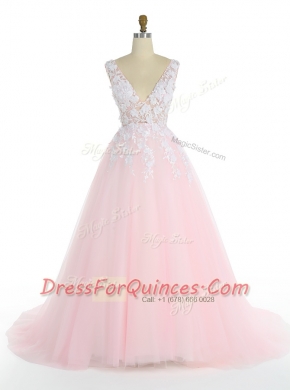 Pink Sleeveless Sweep Train Appliques With Train Prom Gown