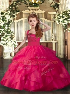 Charming Coral Red Lace Up Little Girls Pageant Dress Wholesale Ruffles and Ruching Sleeveless Floor Length