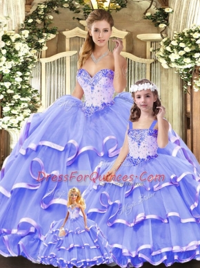 Fine Lavender Ball Gowns Beading and Ruffled Layers Quince Ball Gowns Lace Up Tulle Sleeveless Floor Length