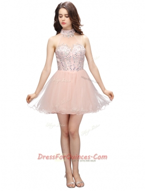 Hot Sale Beading Evening Dress Baby Pink Zipper Sleeveless Mini Length