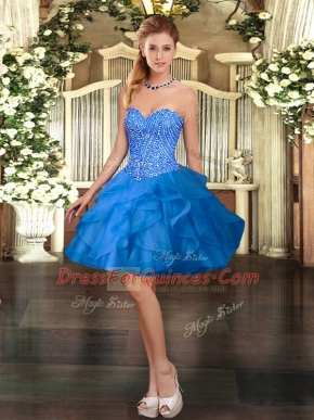 Vintage Blue Sleeveless Mini Length Beading and Ruffles Lace Up Prom Gown