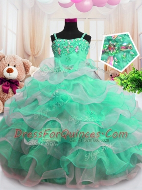 Green Ball Gowns Organza Spaghetti Straps Sleeveless Beading and Ruffled Layers Floor Length Zipper Toddler Flower Girl Dress