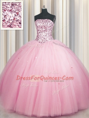 Big Puffy Pink Tulle Lace Up Strapless Sleeveless Floor Length Ball Gown Prom Dress Sequins