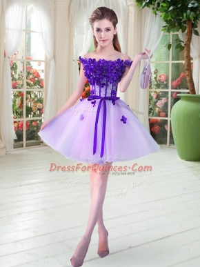 Lavender Sleeveless Mini Length Beading and Appliques Lace Up Evening Dress