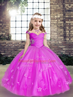 Beading and Hand Made Flower Little Girls Pageant Dress Fuchsia Lace Up Sleeveless Floor Length