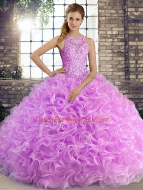 High End Lilac Ball Gowns Beading Quinceanera Gowns Lace Up Fabric With Rolling Flowers Sleeveless Floor Length