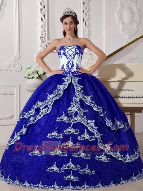 Popular Dark Blue and White Ball Gown Floor-length Organza 2014 Spring Quinceanera Dresses