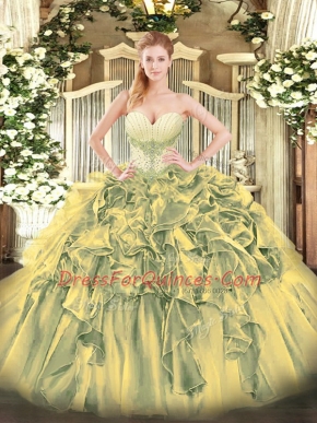Romantic Olive Green 15th Birthday Dress Military Ball and Sweet 16 and Quinceanera with Beading and Ruffles Sweetheart Sleeveless Lace Up