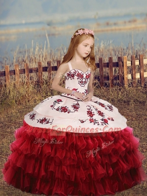 Red Long Sleeves Floor Length Embroidery and Ruffled Layers Lace Up Kids Formal Wear