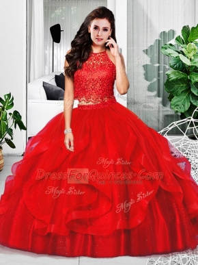 Customized Red Tulle Zipper Quinceanera Gown Sleeveless Floor Length Lace and Ruffles