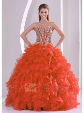 Classical Ball Gown With Sweetheart Ruffles and Beaded Decorate In Coral Red For Quinceanera Dresses