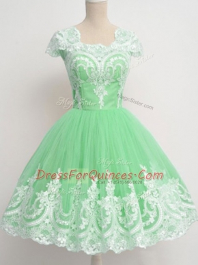 Apple Green Tulle Zipper Dama Dress Cap Sleeves Knee Length Lace