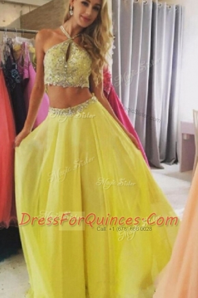 Yellow Zipper Halter Top Beading Prom Party Dress Chiffon Sleeveless