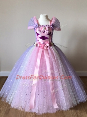Multi-color Tulle Side Zipper Off The Shoulder Cap Sleeves Floor Length Little Girl Pageant Gowns Sequins and Bowknot