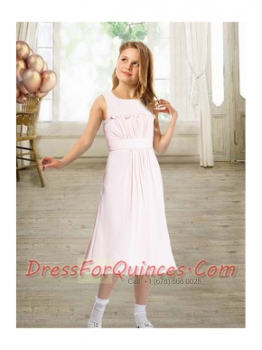 A-Line Ruching Scoop 2014 Popular Flower Girl Dress with Tea-length