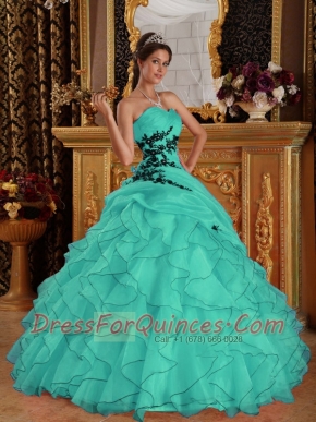 Turquoise Ball Gown Sweetheart 15th Birthday Dresses  Organza Appliques