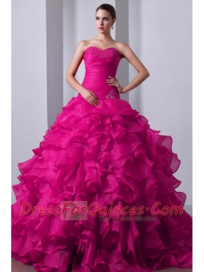 Fuchsia A-Line / Princess Sweetheart Brush Train Organza Beading and Ruffles Quinceanea Dress
