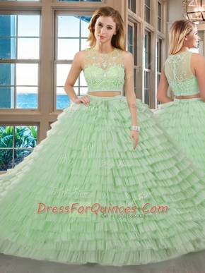 Scoop Apple Green Sleeveless Beading and Ruffled Layers Floor Length Sweet 16 Quinceanera Dress