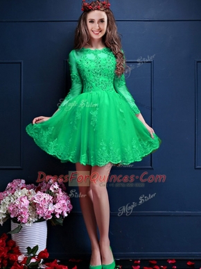 Dynamic Chiffon 3 4 Length Sleeve Mini Length Quinceanera Court Dresses and Beading and Lace and Appliques