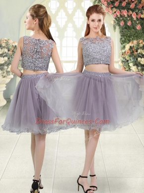 Pretty Grey Sleeveless Knee Length Beading and Lace Zipper Homecoming Dress