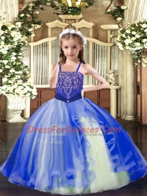 Custom Designed Royal Blue Tulle Lace Up Straps Sleeveless Floor Length Pageant Dresses Beading