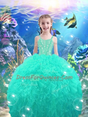 Floor Length Lace Up Little Girl Pageant Gowns Turquoise for Quinceanera and Wedding Party with Beading