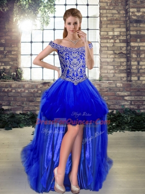 Customized Off The Shoulder Sleeveless Tulle Homecoming Dress Beading Lace Up