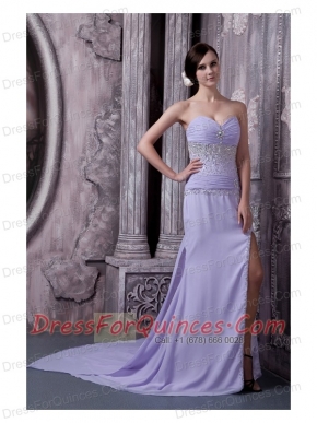 Prom Dress Lilac Column Sweetheart Court Train Chiffon Beading