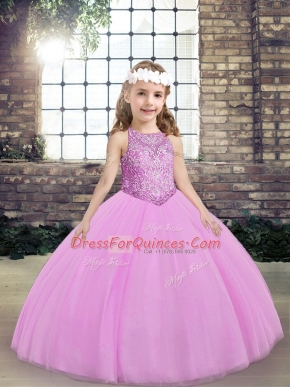 Lilac Ball Gowns Tulle Scoop Sleeveless Beading Floor Length Lace Up Pageant Dresses