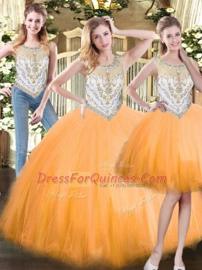 Cute Orange Red Three Pieces Scoop Sleeveless Tulle Floor Length Zipper Beading Quinceanera Dress